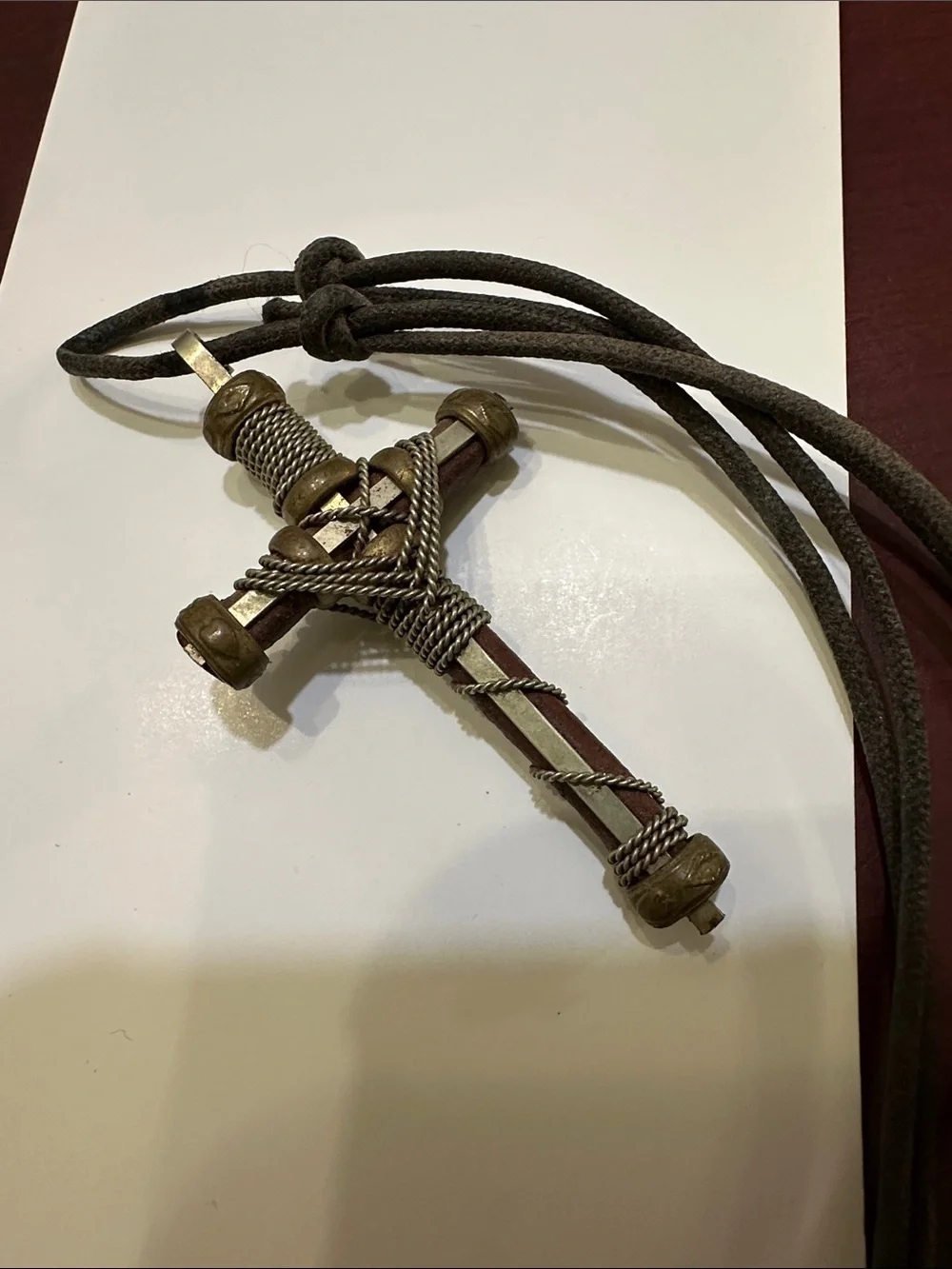 Rustic Metal Wire Wrap Cross Pendant on Adjustable Braided Cord Necklace for Men